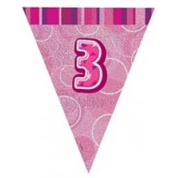 Pink Glitz Flag Banner 3rd Birthday 9Ft Long