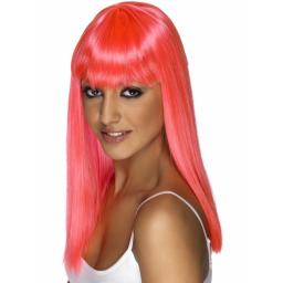 Glamourama Wig Neon Pink Long Straight & Frin