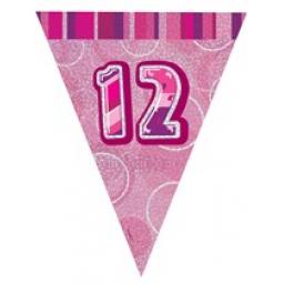 Pink Glitz Flag Banner 12th Birthday 9Ft Long