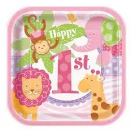 Pink Safary 1st Birthday Square Paper Plates 10ct