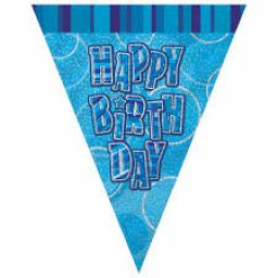Blue Glitz Flag Banner Happy Birthday 9Ft Long