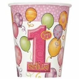 1st Birthday Pink Balloons Paper Cups 8pcs 270ml