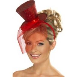 Fever Glitter Mini Top Hat On Headband Red
