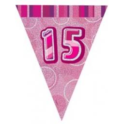Pink Glitz Flag Banner 15th Birthday 9Ft Long