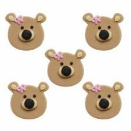 5 Teddy Bear Head Sugarcraft Toppers With Pink Bow