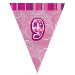 Pink Glitz Flag Banner 9th Birthday 9Ft Long