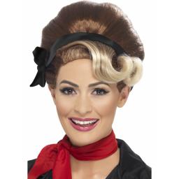 Beehive Up Do Brown with Blonde Streak & Ribbon