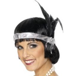 Silver Satin Charleston Headband with black feather