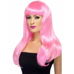 Babelicious Wig Straight Pink Long with Fringe