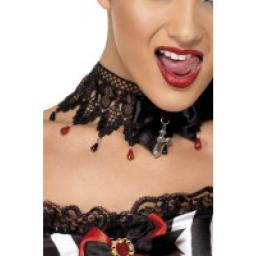 Gothic Ribbon Lace & Beaded Necklace Black & Red