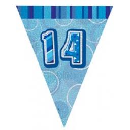Blue Glitz Flag Banner 14th Birthday 9Ft Long