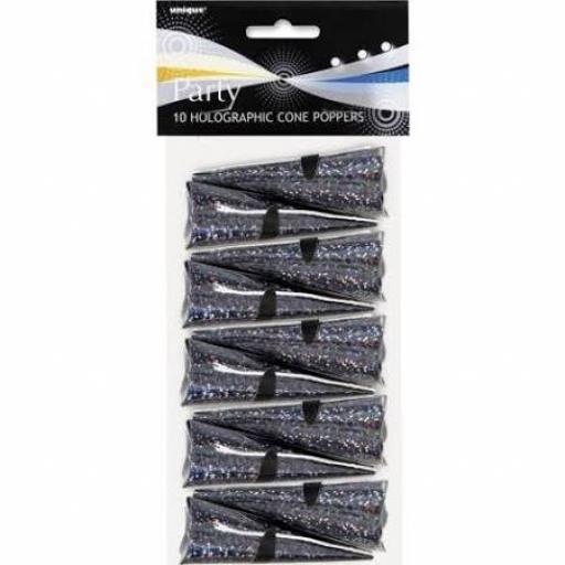 10 Holographic Cone Party Poppers Black 8cm each