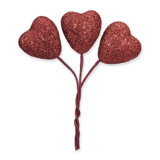 Glitter Hearts Red on Stem Red 24pcs Small