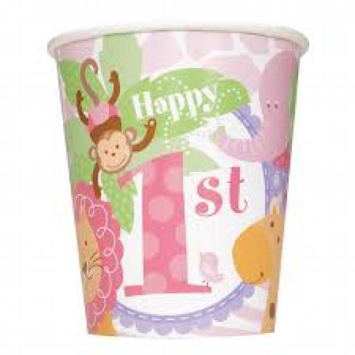 1st Birthday Girls Safari Pink Paper Cups 8ct 270m