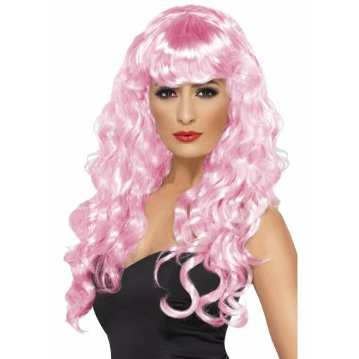 Siren Wig Pink Long Curly with Fringe