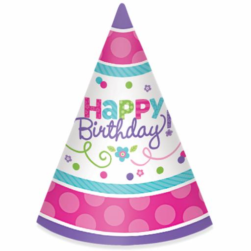 Pink & Teal Happy Birthday Paper Cone Hats 12pcs