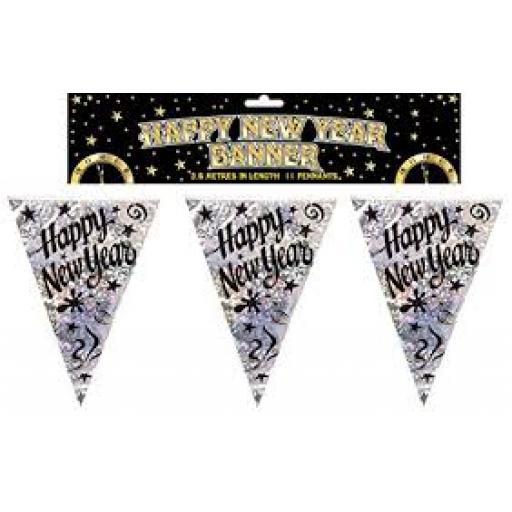 12ft Sparkly Happy New Year Flag Bunting Black + S