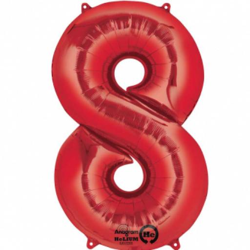 Number 8 Red SuperShape Foil Balloon - 22"/55cm w x 35"/88cm