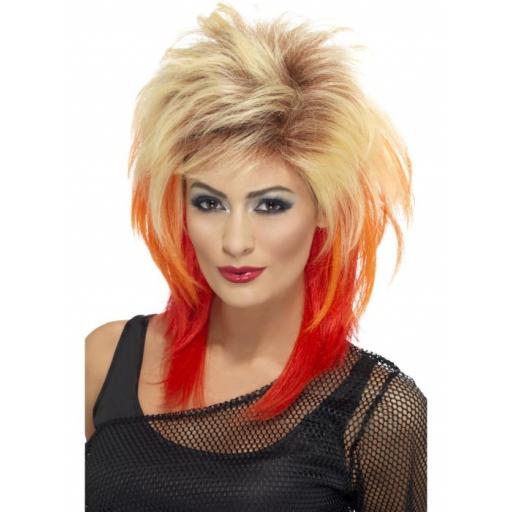 80s Mullet Wig, Blonde, with Red Streaks