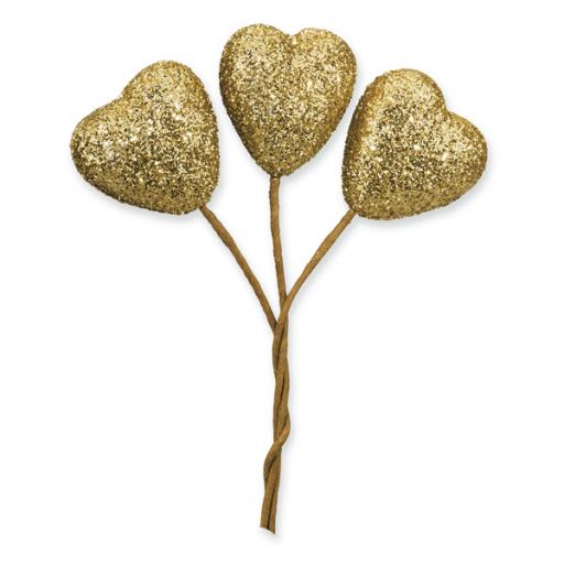 Glitter Hearts On Stem Gold Small 24 pcs