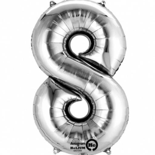 Number 8 Silver SuperShape Foil Balloons 22"/55cm w x 35"/88cm