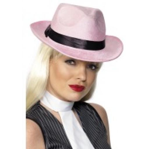 Gangster Hat Pink Velour Silk with Silk Band