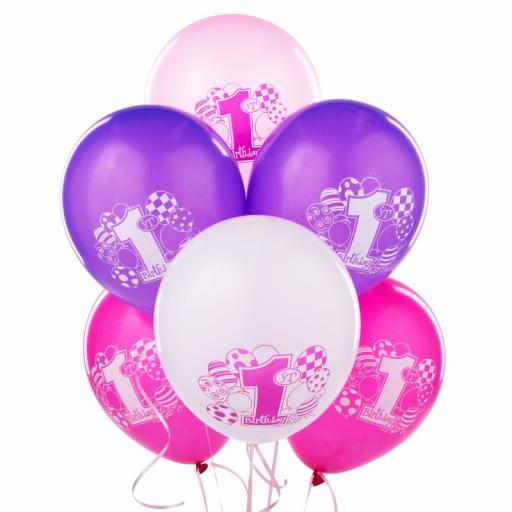 1st Birthday Latex Asstd Colour Balloons 8ct 12inc