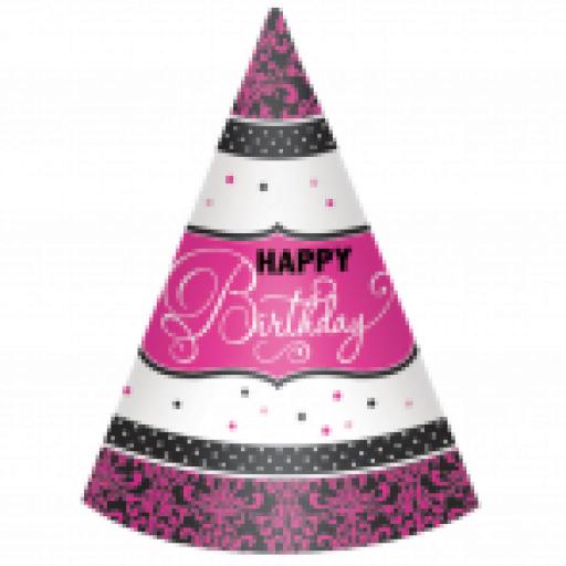 Black & Pink Happy Birthday Paper Cone Hats 12pcs