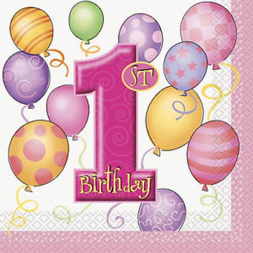 1St Birthday Pink Balloons Theme Paper Party Napkins 16ct 2ply