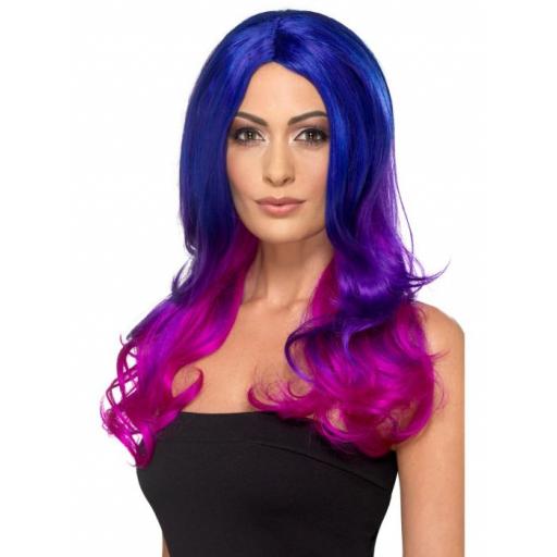 Fashion Ombre Wig, Wavy, Long, Blue & Pink, Heat Resistant/ Styleable