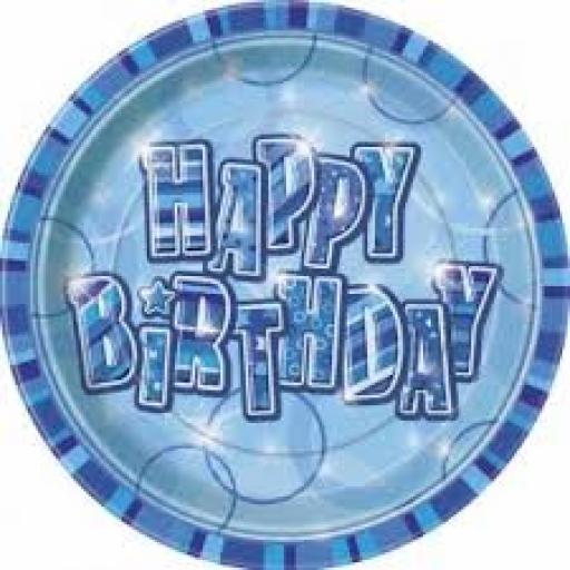 Blue Glitz Happy Birthday Party Paper Plates 8pcs 9inch