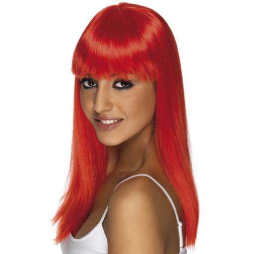Glamourama Wig Neon Red Long Straight with Fringe
