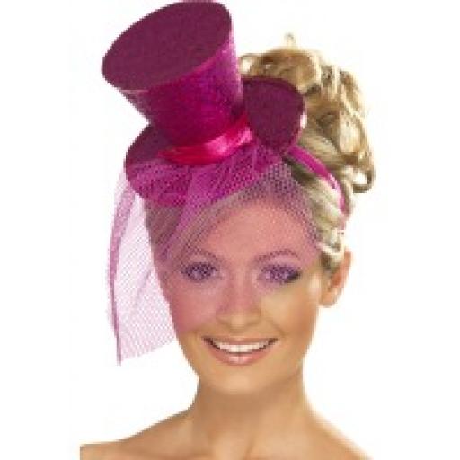 Fever Glitter Mini Top Hat On Headband Hot Pink