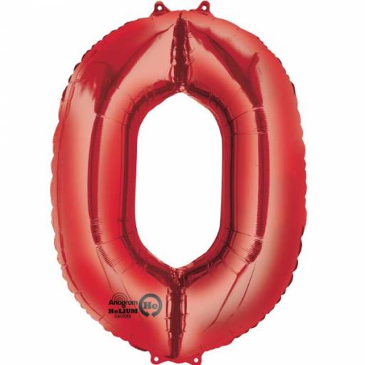Number 0 Red SuperShape Foil Balloons 22"/55cm w x 35"/88cm