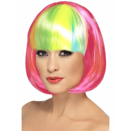 Partyrama Wig Short Bob Neon Pink & Rainbow Fringe