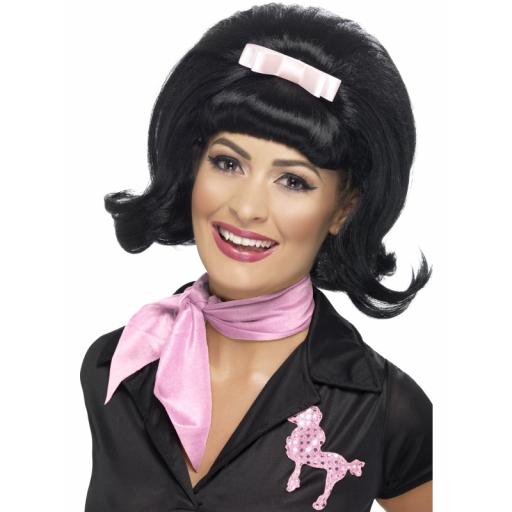 50s Flicked Beehive Bob Black With Pink Bow