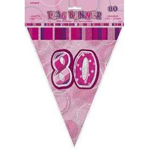 80th Birthday Flag Banner Pink Prismatic 3.6m