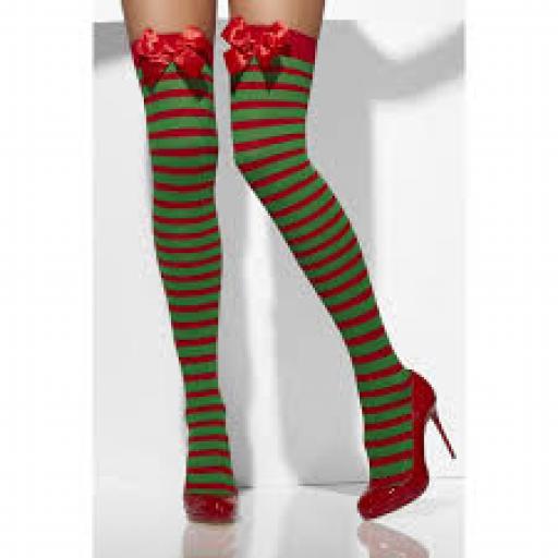 Fever Opaque Hold ups Striped With Bows Green&Red