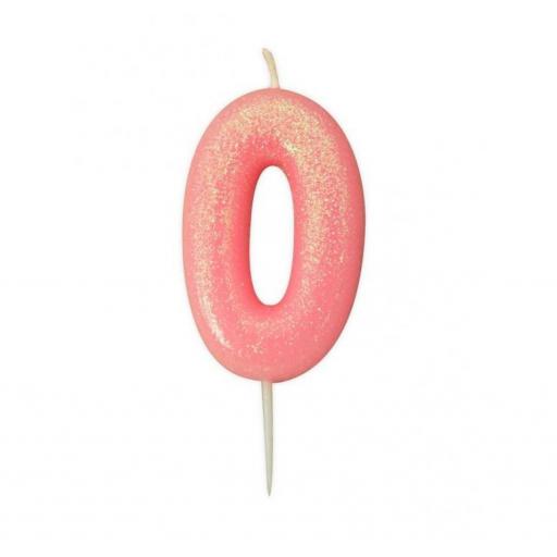 No 0 - Pink Glitter Numeral Moulded Cake Candle