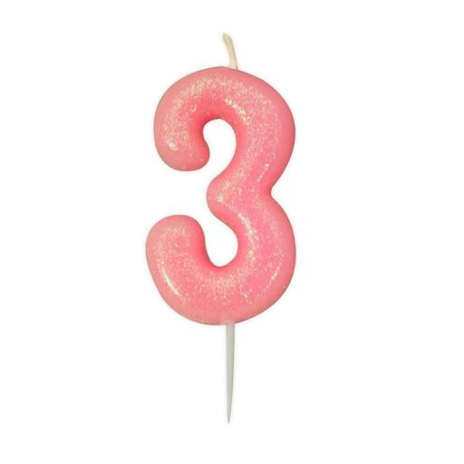 No 3 - Pink Glitter Numeral Moulded Cake Candle