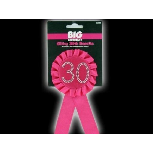 Pink Glitzy 30th Rosette Badge With Diamonte
