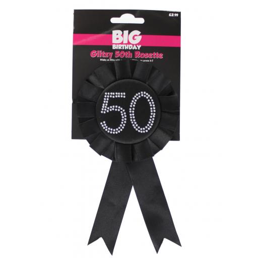 Black Glitzy 50th Rosette Badge With Diamonte