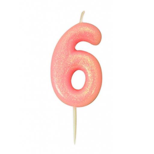 No 6 - Pink Glitter Numeral Moulded Cake Candle