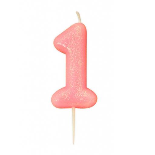 No 1 - Pink Glitter Numeral Moulded Cake Candle