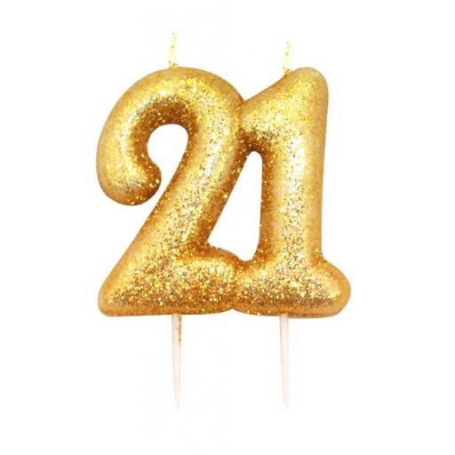 No 21 - Gold Glitter Numeral Moulded Cake Candle