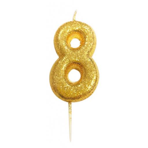 No 8 - Gold Glitter Numeral Moulded Cake Candle