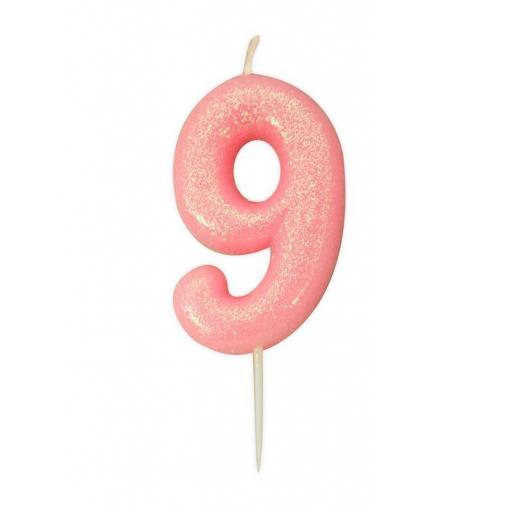 No 9 - Pink Glitter Numeral Moulded Cake Candle