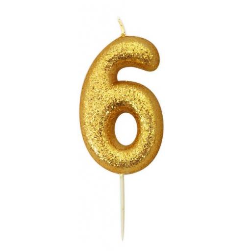No 6 - Gold Glitter Numeral Moulded Cake Candle