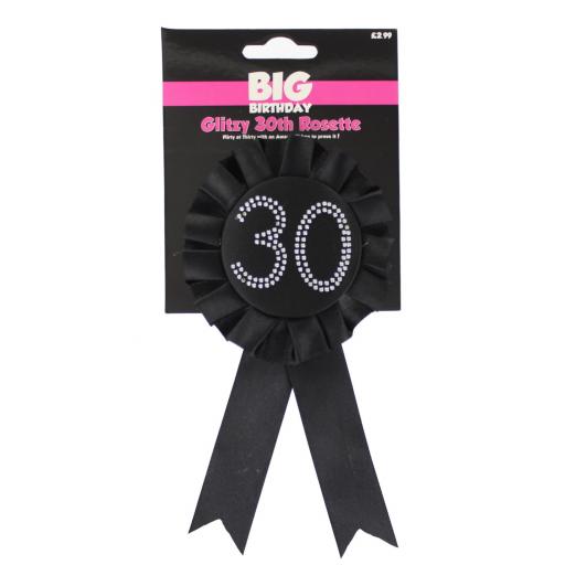Black Glitzy 30th Rosette Badge With Diamonte