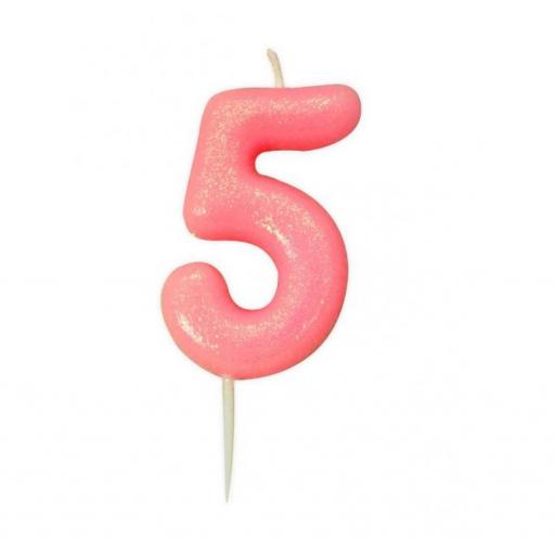 No 5 - Pink Glitter Numeral Moulded Cake Candle
